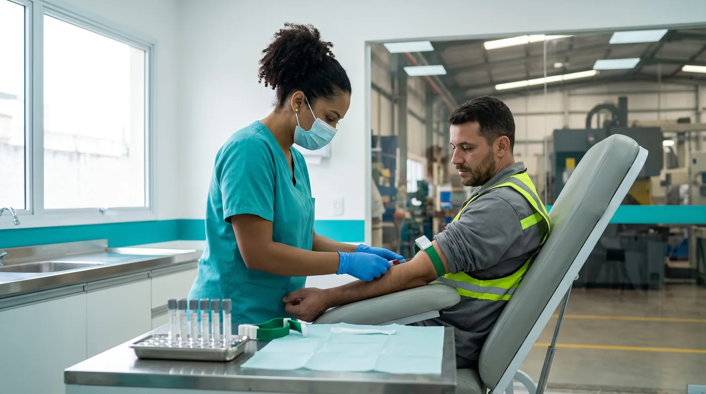 Coleta de sangue realizada dentro do ambulatório da empresa