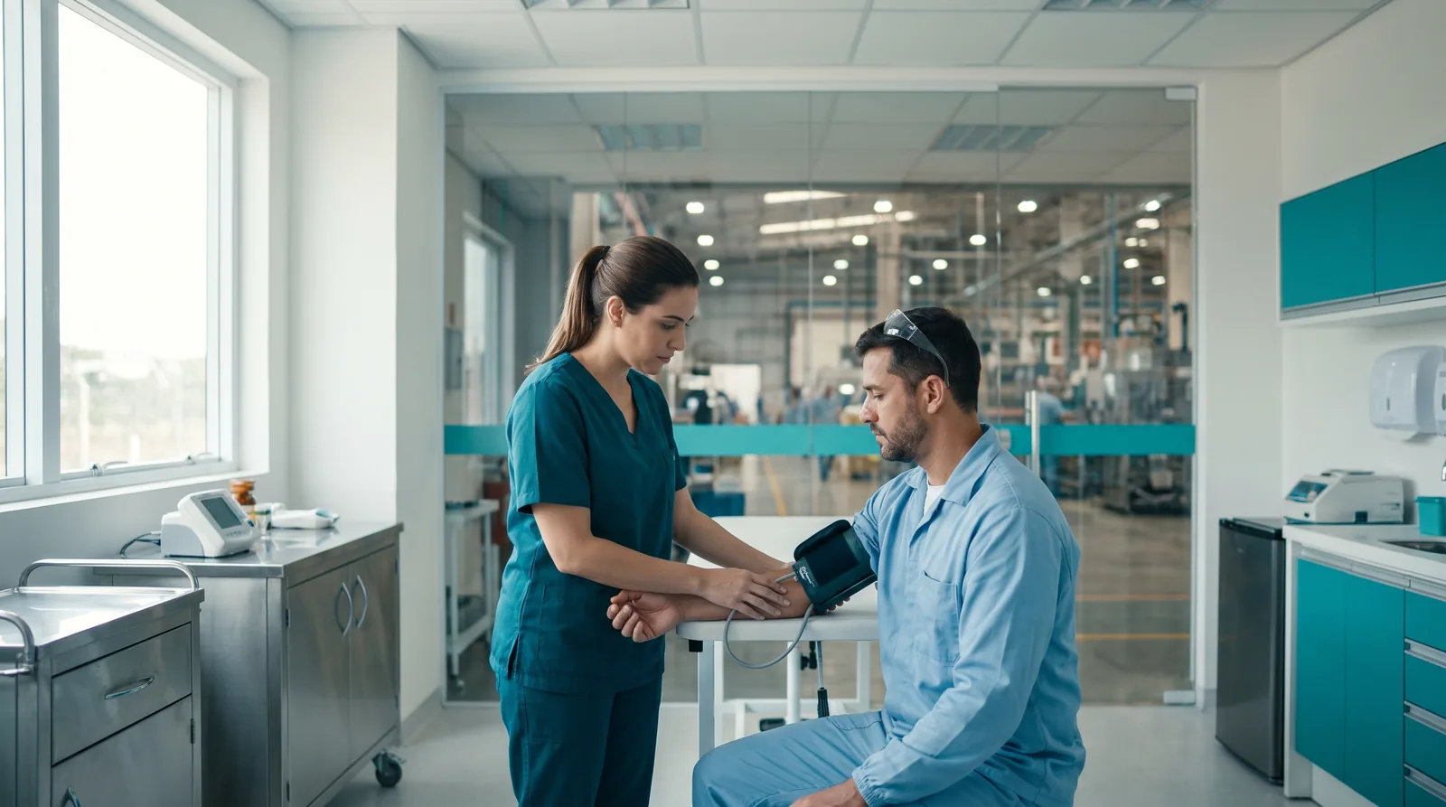 Enfermeira do trabalho atendendo um colaborador no ambulatório dentro da empresa