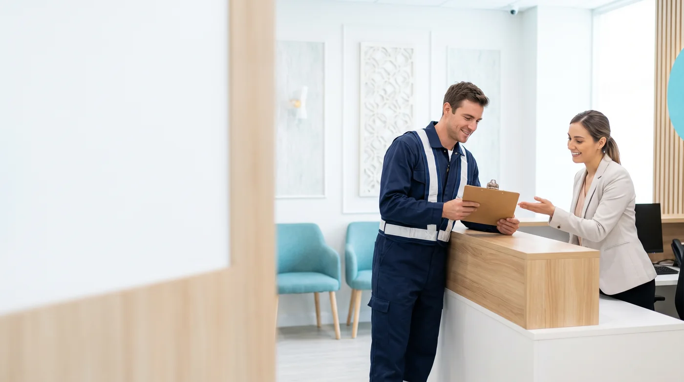 Colaborador de empresa no check-in da clínica